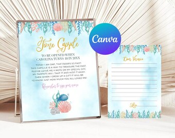 Può includere: Un cartello blu e bianco di capsula del tempo con un cavalluccio marino e conchiglie. Il cartello dice "Time Capsule" e "To be opened when Carolina turns 18 in 20XX". C'è una carta bianca con il testo "Dear Veronica" e una riga per scrivere.
