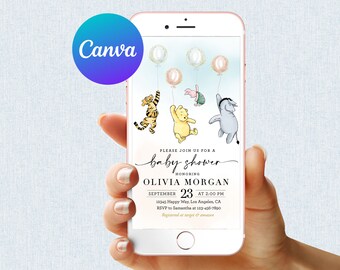 Klassische Winnie Puuh-Babyparty-Einladung Ferkel Tigger Eeyore-Ballons laden bearbeitbare Handy-elektronischer Evite E-Mail-Sms-Text ein