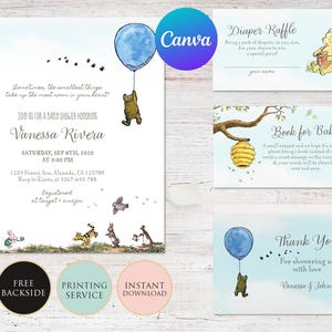 Invitation baby shower ballon Winnie l'ourson garçon bleu Imprimable téléchargement immédiat Modifiable merci carte de demande de livre de tombola de couches-culottes toile