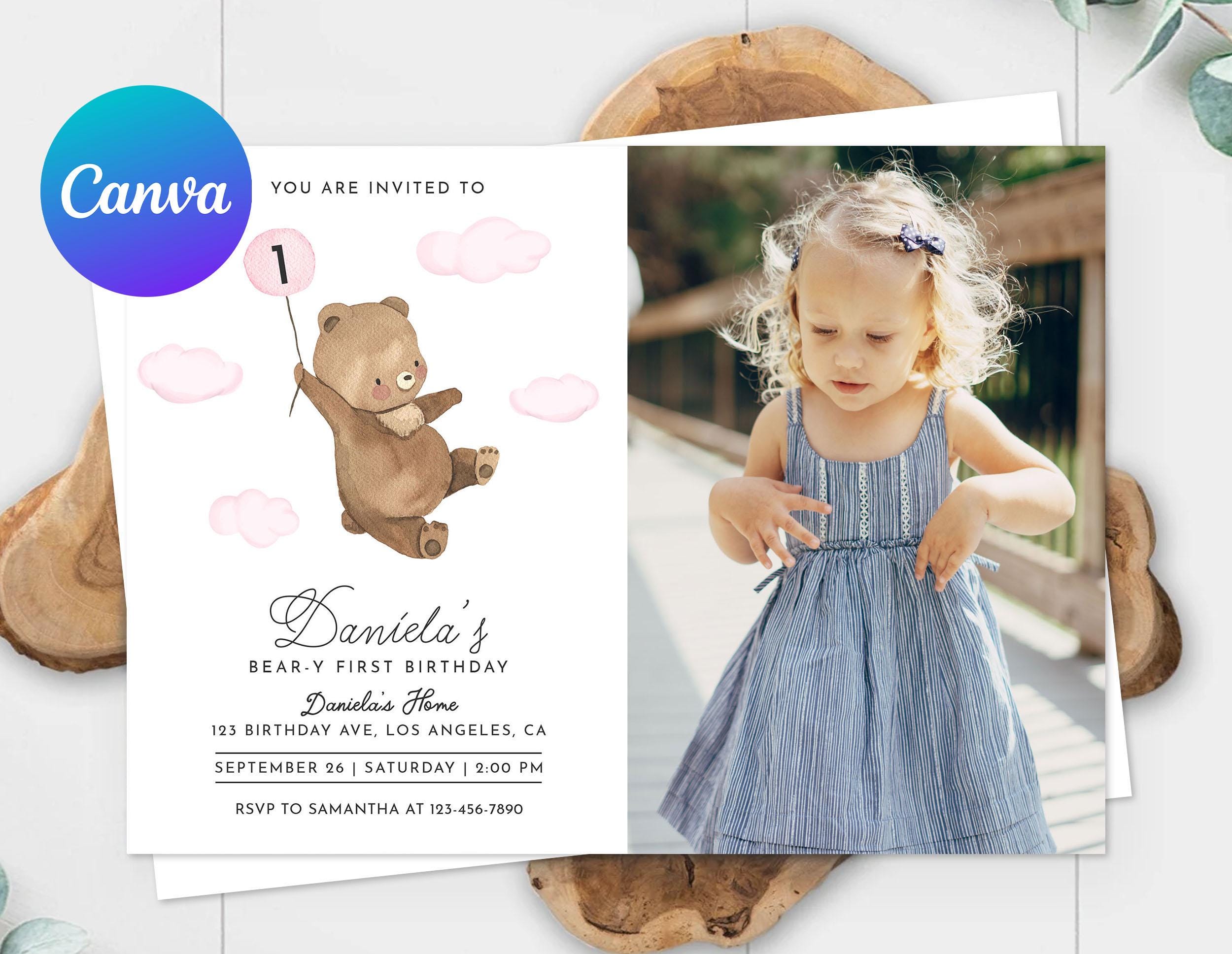 Teddy Bear First Birthday Invitation Card Photo Picture Girl Cute Beary ...