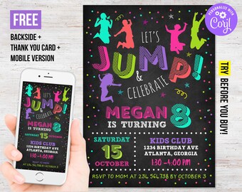 Jump Trampoline Party Birthday Invitation Girl Printable Bounce House Party Thank You Editable Template Instant Download Digital Printed