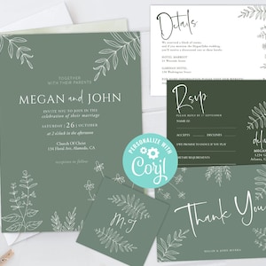 Wedding Invitation Suite Templates Set RSVP, Thank You Card, Favor Tag, Details Botanical Modern Sage Green Minimalist Greenery Printable