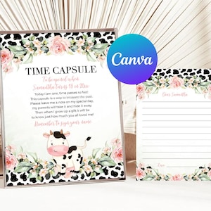 Koe eerste verjaardag meisje timecapsule Heilige koe I'm One bijpassende notitiekaarten roze bloemen groen boerderijmeisje digitale afdrukbare bewerkbare sjabloon
