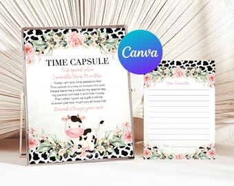 May include: A time capsule set with a decorative frame and a matching letter. The frame features the text "TIME CAPSULE" with a cow illustration and floral accents. The letter is lined and has floral accents.