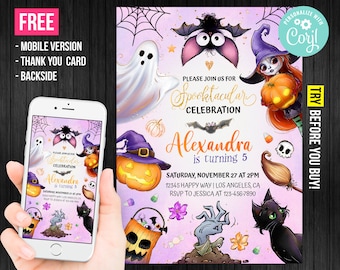 May include: Halloween party invitation with a purple and pink background. The design includes a ghost, bat, witch, pumpkin, and the text "Spooktacular Celebration" and "Alexandra is turning 5". A mobile version is also shown.