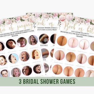 Hen Party Games Set of 3 Dirty Rude Bachelorette Party Bridal Shower Pink Blush Roses Floral Gold Flowers Printable