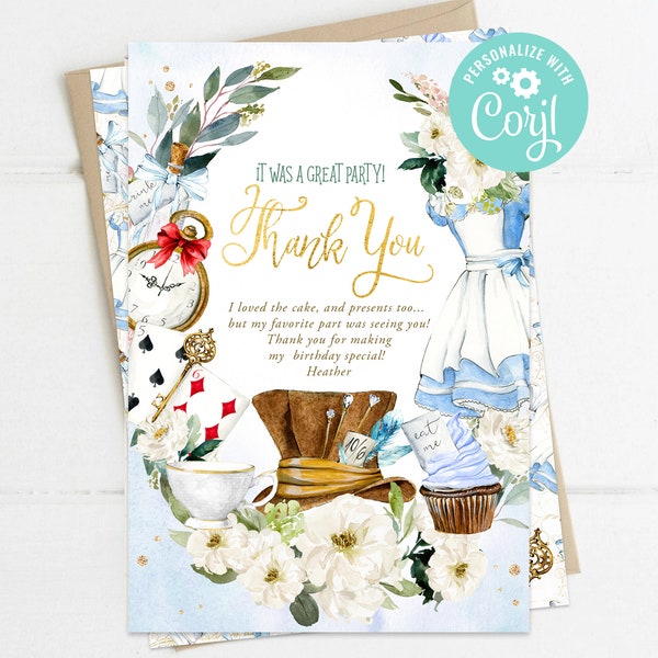 Alice in Wonderland Thank You Card Girl First Birthday Alice Onederland Tea Party Instant Download Digital Printable Editable Template