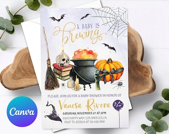 Puede incluir: Invitación a un baby shower con temática de Halloween con un diseño de acuarela. La invitación presenta un caldero, una calabaza, murciélagos y una telaraña. El texto dice "A Baby is Brewing" e incluye los detalles del evento para el baby shower de Vanesa Rivera.