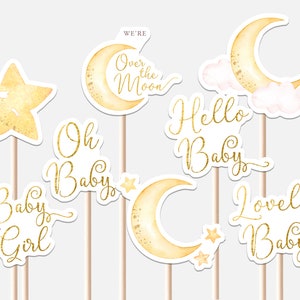 Over the Moon Baby Shower Girl Centerpieces Decoration Watercolor Gold Moon and Stars Decor Cutouts Cake Topper Printable Digital