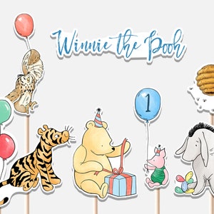 Classic Winnie the Pooh Centerpieces First Birthday Decoration Boy Piglet Tigger Eeyore Blue Balloon Cutouts Cake Topper Printable Digital