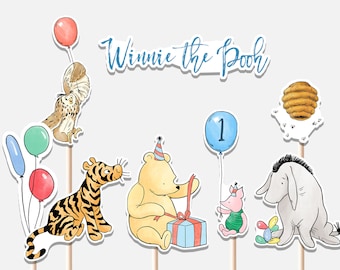 Classic Winnie the Pooh Centerpieces First Birthday Decoration Boy Piglet Tigger Eeyore Blue Balloon Cutouts Cake Topper Printable Digital