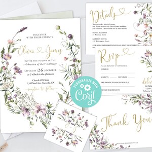 Wedding Invitation Suite Templates Set RSVP, Thank You Card, Favor Tag, Details Wild Flowers Floral Wreath Boho Garden Country Printable