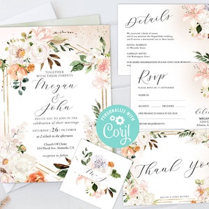 Wedding Invitation Suite Templates Set RSVP, Thank You Card, Favor Tag, Details Pink Orange White Flowers Summer Bright Colorful Geometric