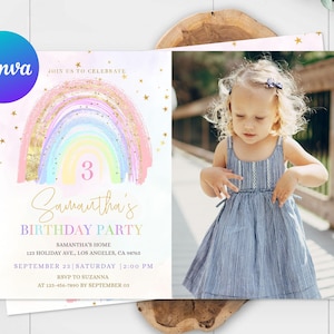 Rainbow Birthday Invitation Card Photo Picture Girl Boho Pastel Rainbow of Fun Party Invite Gold Stars Editable Template Digital Printable