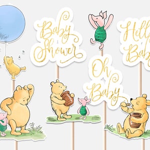 Classic Winnie the Pooh Centerpieces Baby Shower Boy Blue Balloon Decoration Tigger Decor Cutouts Cake Topper Printable Digital