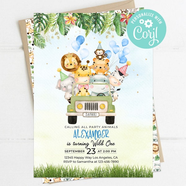 Calling All Party Animals First Birthday Invitation Boy Wild Safari Animals Jeep Balloons Invite Printable Editable Template Digital Printed