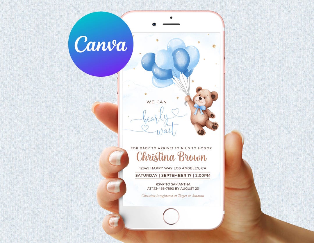 Teddy Bear Balloon Baby Shower Invitation Boy We Can Bearly Wait Baby ...