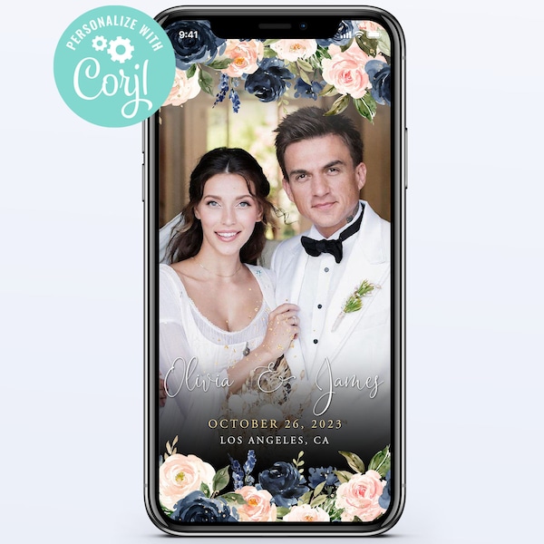 Mariage Snapchat Geo Filter Modèle modifiable Téléchargement instantané Digital Navy Blue and Blush Flower Pink Floral Corjl