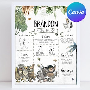 Könnte beinhalten: Ein druckbarer Meilenstein-Chart zum ersten Geburtstag mit einem verspielten Waldthema mit Illustrationen eines freundlichen Monsters und eines niedlichen Tieres. Der Chart enthält den Namen des Kindes, Brandon, und Details über sein erstes Jahr, einschließlich seines Gewichts, seiner Größe, seiner Lieblingsessen und Spielsachen.
