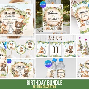 May include: A woodland animal themed birthday party printable bundle with a variety of items including invitations, welcome sign, thank you sign, cupcake toppers, a banner, water bottle labels, and party hats. The design features a brown bear, fox, owl, raccoon, and bunny.