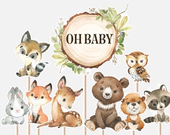 Chiamando tutti gli animali della festa centrotavola Animali del bosco Primo compleanno Baby Fox Orso Gufo Cerbiatto Procione Ritagli Torta Topper stampabile digitale