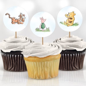 Baby Shower Girl Cupcake Toppers Decoration Classic Winnie the Pooh Pink Balloon Birthday Party Decor Printable Digital Instant Download