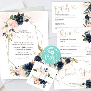 Wedding Invitation Suite Templates Set RSVP, Thank You Card, Favor Tag, Details Navy Blue and Blush Flower Pink Floral Geometric Printable