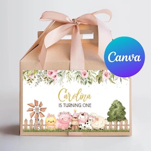Farm First Birthday Girl Gable Box Labels Pink Floral Barnyard Favor Box Sticker Animals Party Ranch Digital Printable Editable Template