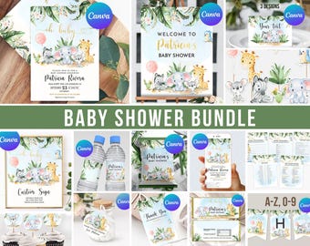 May include: A baby shower party printable bundle featuring a jungle animal theme. The bundle includes a welcome sign, invitations, water bottle labels, cupcake toppers, favor tags, a thank you card, a banner, and games. The animals featured are a giraffe, elephant, zebra, and monkey. The colors are green, blue, pink, and gold.