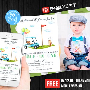 Golf Erster Geburtstag Einladung Foto Bild Junge Hole in One Party Danke Karte druckbare Masters Golf Party Digital oder Gedruckt Invites