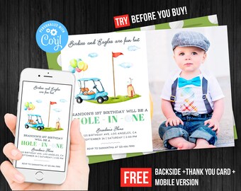 Golf First Birthday Invitation Photo Picture Boy Hole in One Party Thank You Card Printable Masters Golf Party Digital or Printed Invites