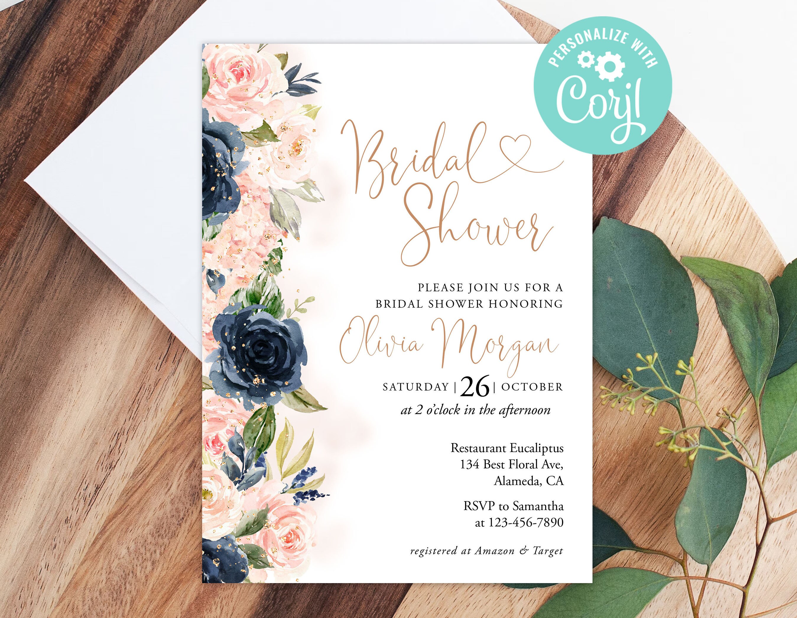 Blushing Bridal Shower Invitations with Envelopes (25 Pack) Blank  Invitation for Wedding Showers, Bride Luncheon, Bubbly – Navy Blue and Pink  Theme