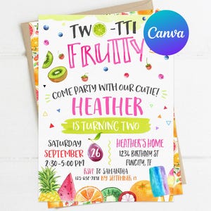 Twotti Frutti Birthday Invitation Girl Printable 2nd Second Birthday Tropical Summer Editable PDF Template Instant Download Digital Printed