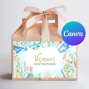 Ocean First Birthday Girl Gable Box Labels Under the Sea Favor Box Sticker Ocean Life Animals Party Digital Printable Editable Template