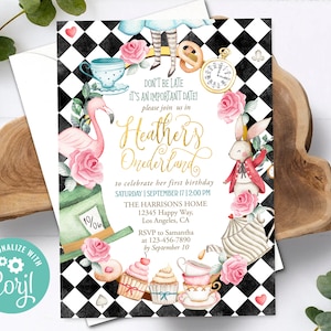 Alice In Wonderland Birthday Invitation Girl Onederland Tea Party Pink Printable Invite Editable Template Instant Download Digital Printed