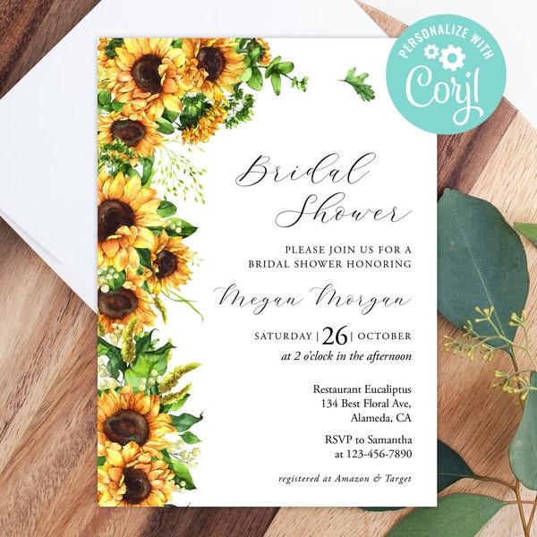 Bridal Shower Invitation Template Instant Download Editable Digital or Printed Sunny Yellow Flowers Sunflower Floral Rustic Country Corjl