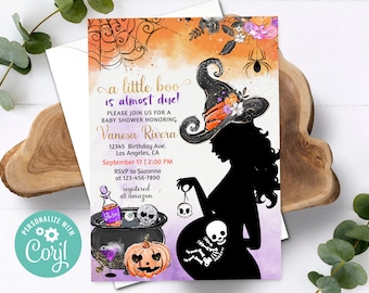 A Little Boo is Almost Due Baby Shower Invitation Halloween Girl Witch Baby Shower Editable Instant Download Digital or Printed Invites