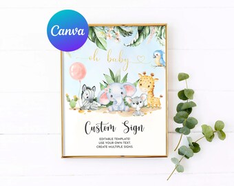 Könnte beinhalten: Editierbares Babyparty-Schild mit blauem Hintergrund und Dschungel-Motiv. Das Schild zeigt ein Zebra, einen Elefanten, eine Giraffe und einen Koala mit einem rosafarbenen Ballon. Der Text auf dem Schild lautet "oh baby" und "Custom Sign".