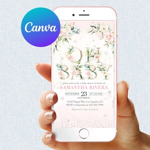 May include: A pink and gold baby shower invitation with a floral design and the text "Oh Baby" in gold letters. The invitation includes the date, time, and location of the shower, as well as the name of the guest of honor, Samantha Rivera.