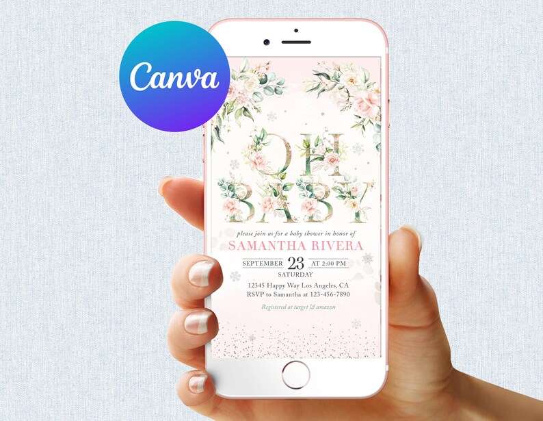 May include: A pink and gold baby shower invitation with a floral design and the text "Oh Baby" in gold letters. The invitation includes the date, time, and location of the shower, as well as the name of the guest of honor, Samantha Rivera.