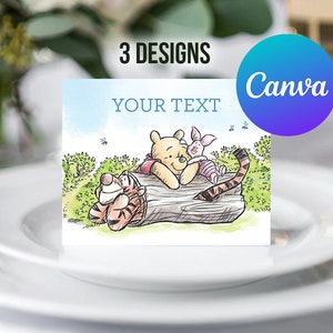 Étiquettes de nourriture pour baby shower imprimables Winnie l'ourson porcelet tigrou décoration carte de table nourriture tente carte décoration de fête d'anniversaire modèle modifiable