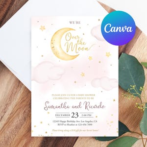 We&#39;re Over the Moon Baby Shower Invitation Girl Gold Watercolor Moon and Stars Printable Editable Template Digital or Printed Invites