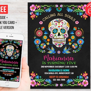 Day of the Dead Birthday Invitation Girl Halloween Party Instant Download Sugar Skull Thank You Card Editable Template Corjl Digital Printed