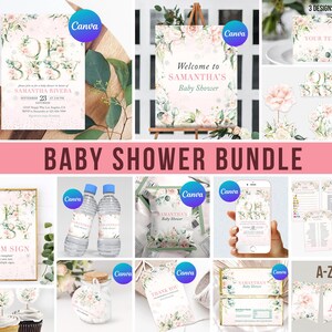 May include: A baby shower bundle with a floral theme. The bundle includes invitations, signs, decorations, and games. The colors are pink, green, and white. The text on the invitations says "Oh Baby" and "Samantha's Baby Shower".