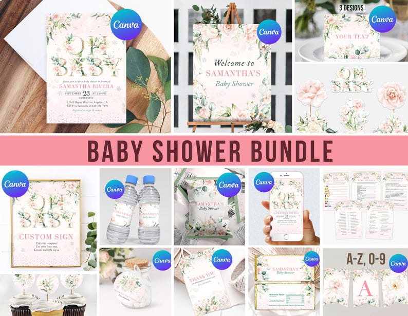 May include: A baby shower bundle with a floral theme. The bundle includes invitations, signs, decorations, and games. The colors are pink, green, and white. The text on the invitations says "Oh Baby" and "Samantha's Baby Shower".