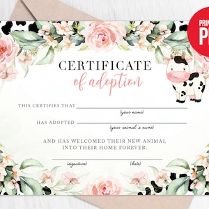 Adoptera ett djur Adoptionsintyg Ko Första födelsedagsflicka Holy Cow I'm One Rosa blommig grönska Dekor Digital utskrivbar mall
