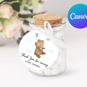 Teddy Bear First Birthday Favor Tag Beary 1st Birthday Boy Balloon Thank You Tags Gift Tags Birthday Party Decor Printable Editable Template