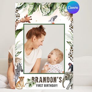 Wild One First Birthday Photo Booth Decor Jungle Greenery Safari Animals Party Photo Frame Lion Elephant Digital Editable Template Printable