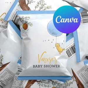 Baby Shower Boy Chip Bags Classic Winnie the Pooh Blue Balloon Decoration Editable Template Printable Digital