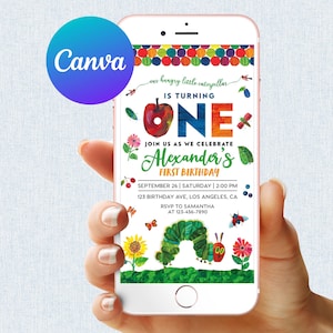 May include: A colorful invitation for a first birthday party featuring a hungry caterpillar illustration. The invitation says "our hungry little caterpillar is turning one" and includes the child's name, Alexander, the date, time, and location of the party.